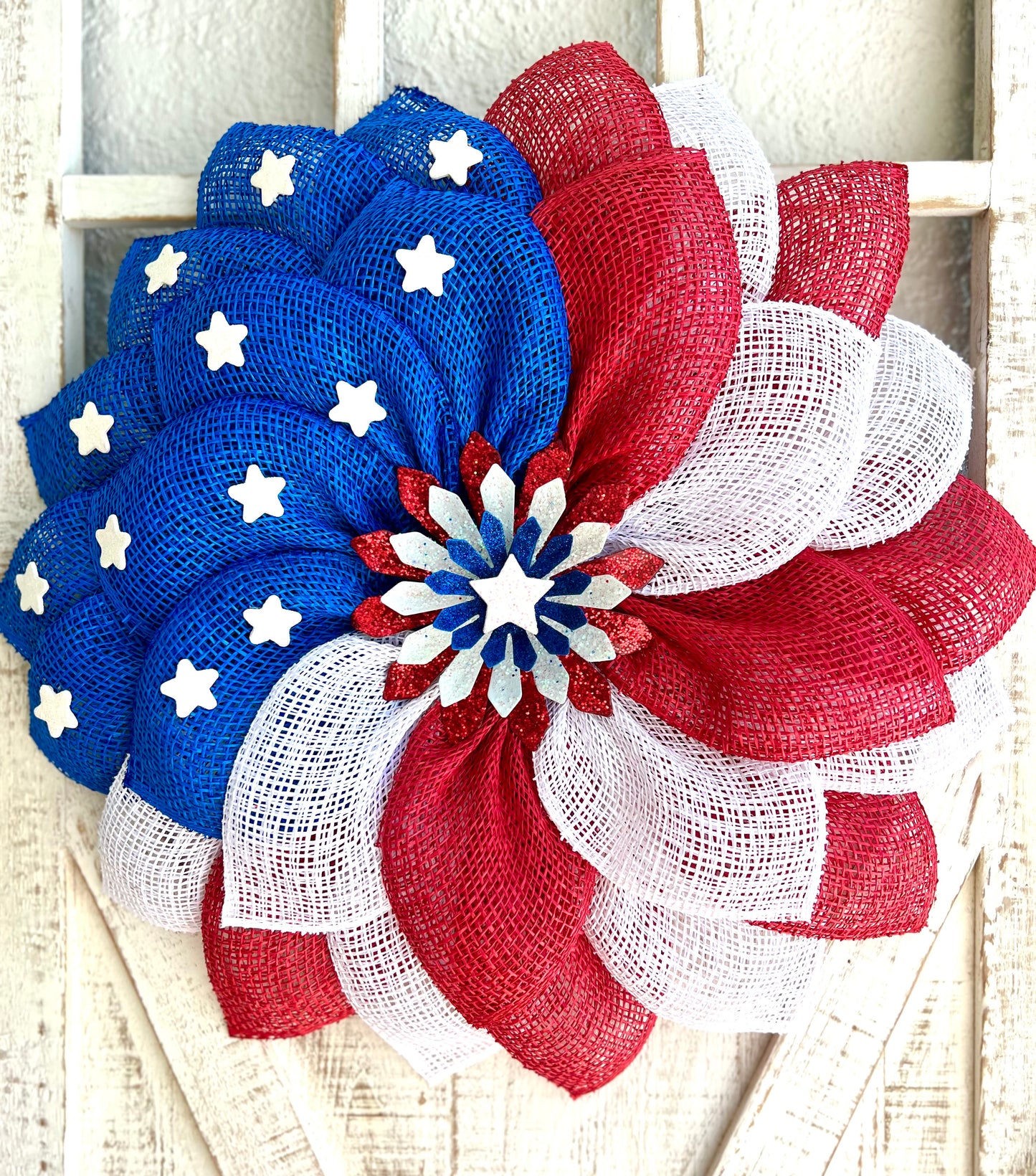 Patriotic Memorial Day Flower Stars Wreath for Front Door, Red White and Blue Fourth of July Floral Wreath, Cemetery or Welcome Home Wreath (Copy)