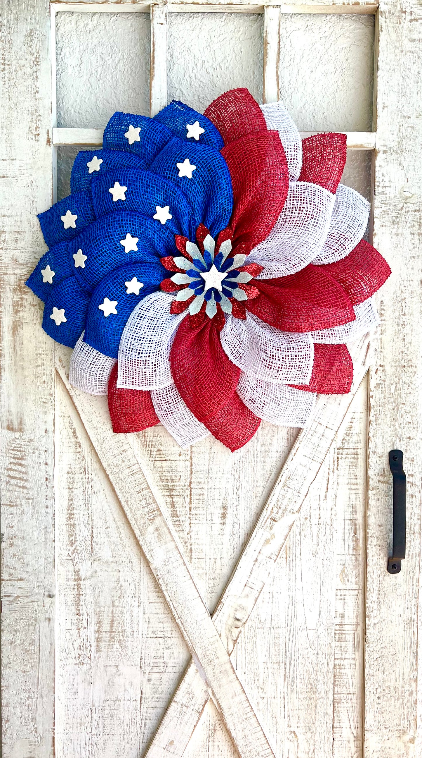 Patriotic Memorial Day Flower Stars Wreath for Front Door, Red White and Blue Fourth of July Floral Wreath, Cemetery or Welcome Home Wreath (Copy)