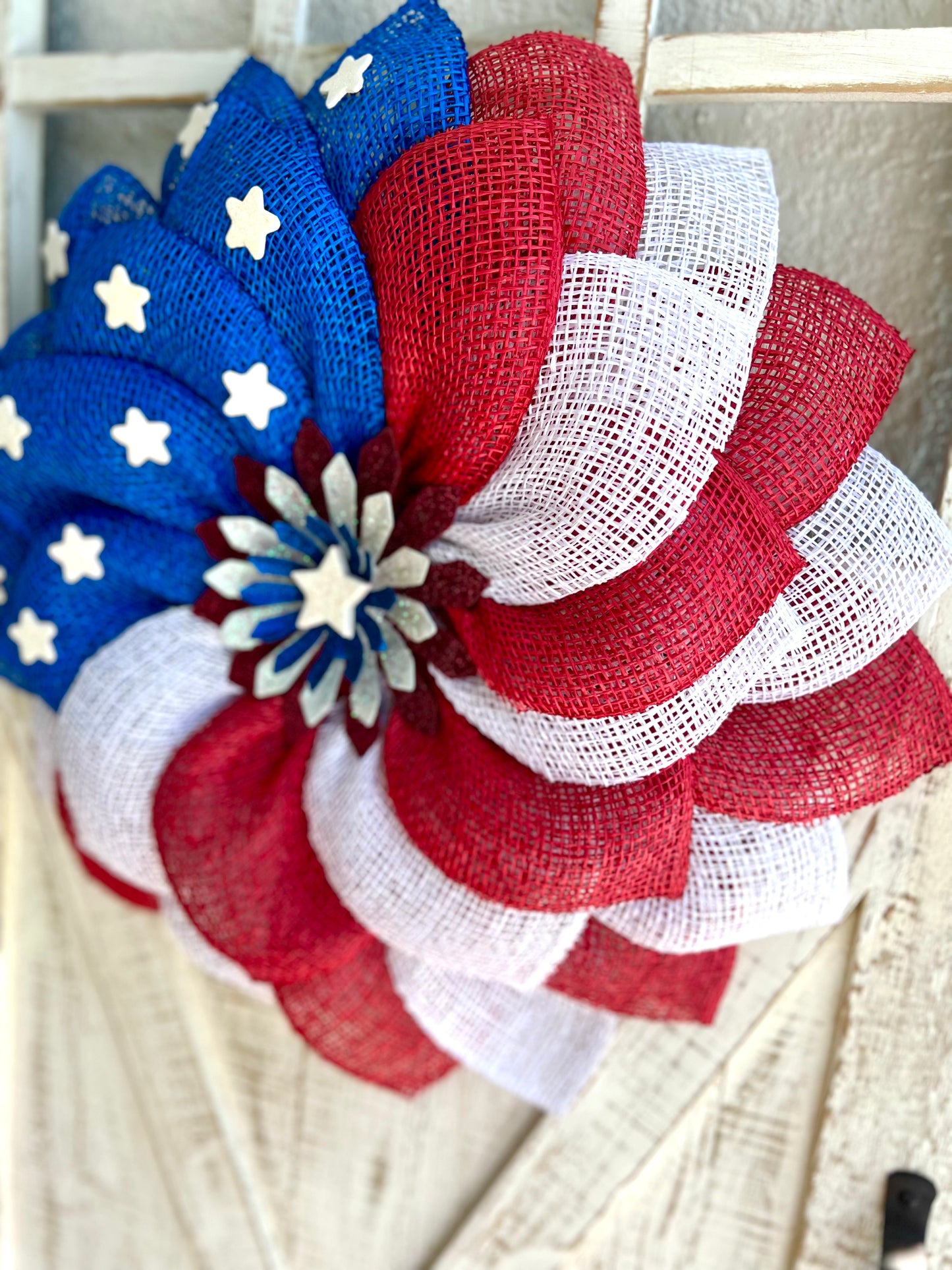 Patriotic Memorial Day Flower Stars Wreath for Front Door, Red White and Blue Fourth of July Floral Wreath, Cemetery or Welcome Home Wreath (Copy)