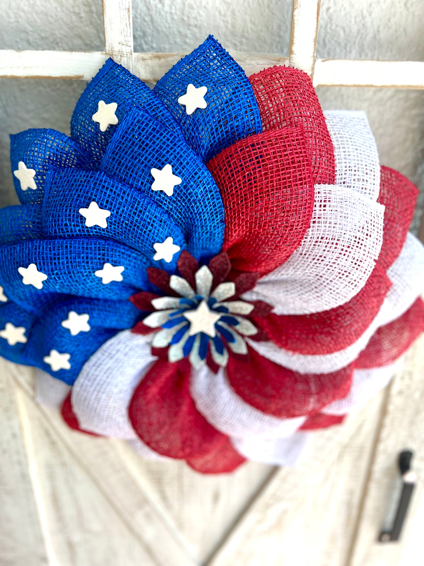 Patriotic Memorial Day Flower Stars Wreath for Front Door, Red White and Blue Fourth of July Floral Wreath, Cemetery or Welcome Home Wreath (Copy)