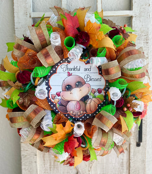 Thanksgiving Fall Harvest Autumn Turkey Wreath for front Door Autumn Fall Home Decoration Thankful and Blessed Pouf Designs by Valerie