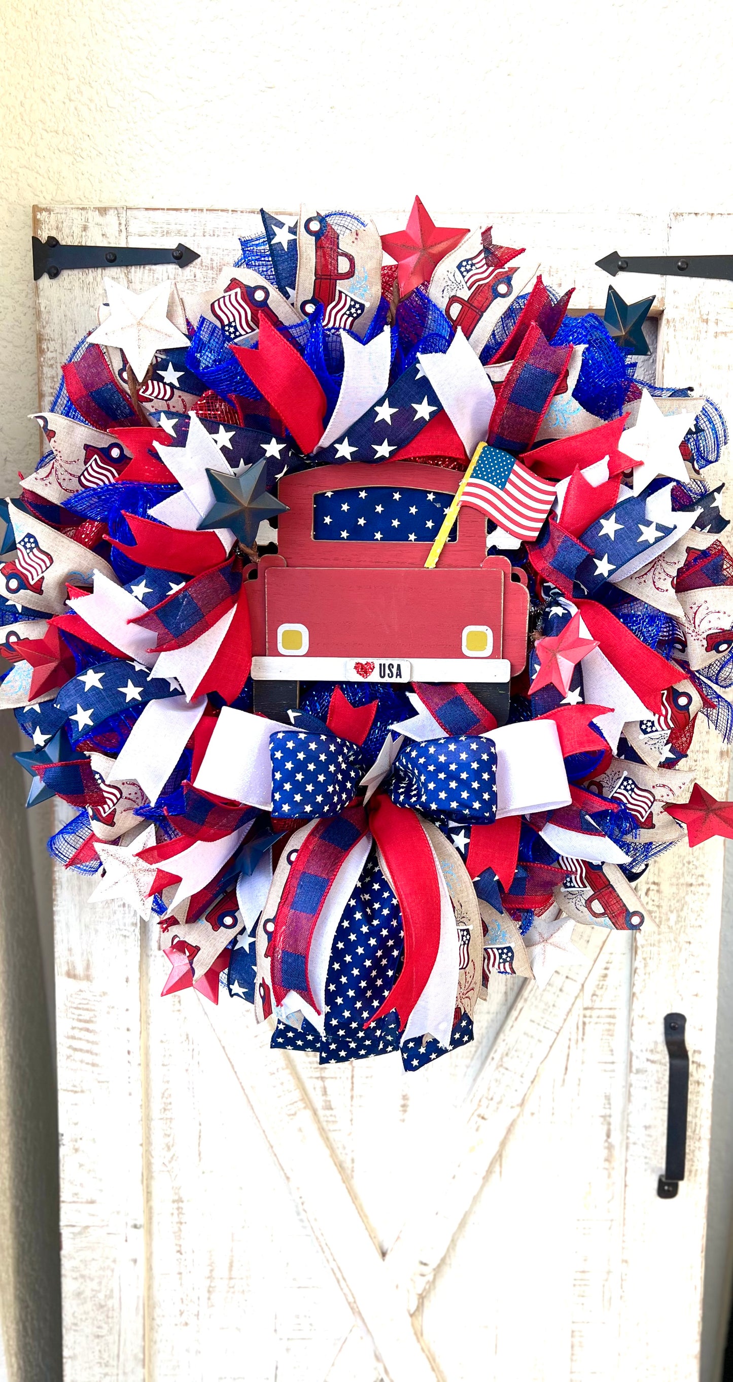 Patriotic Memorial Day Red Truck Wreath for Front Door, Red White Blue Fourth of July USA Wreath, Welcome Home Armed Forces Military Wreath