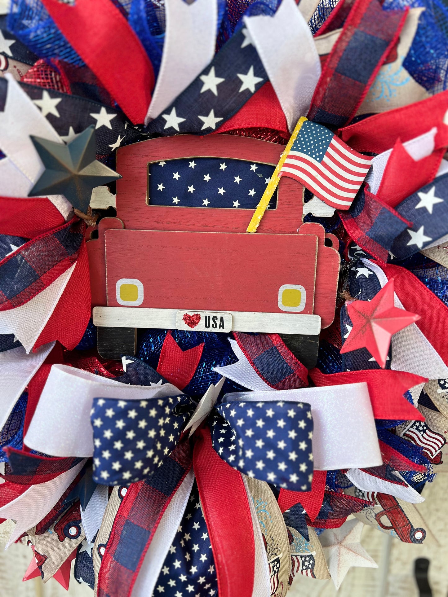 Patriotic Memorial Day Red Truck Wreath for Front Door, Red White Blue Fourth of July USA Wreath, Welcome Home Armed Forces Military Wreath