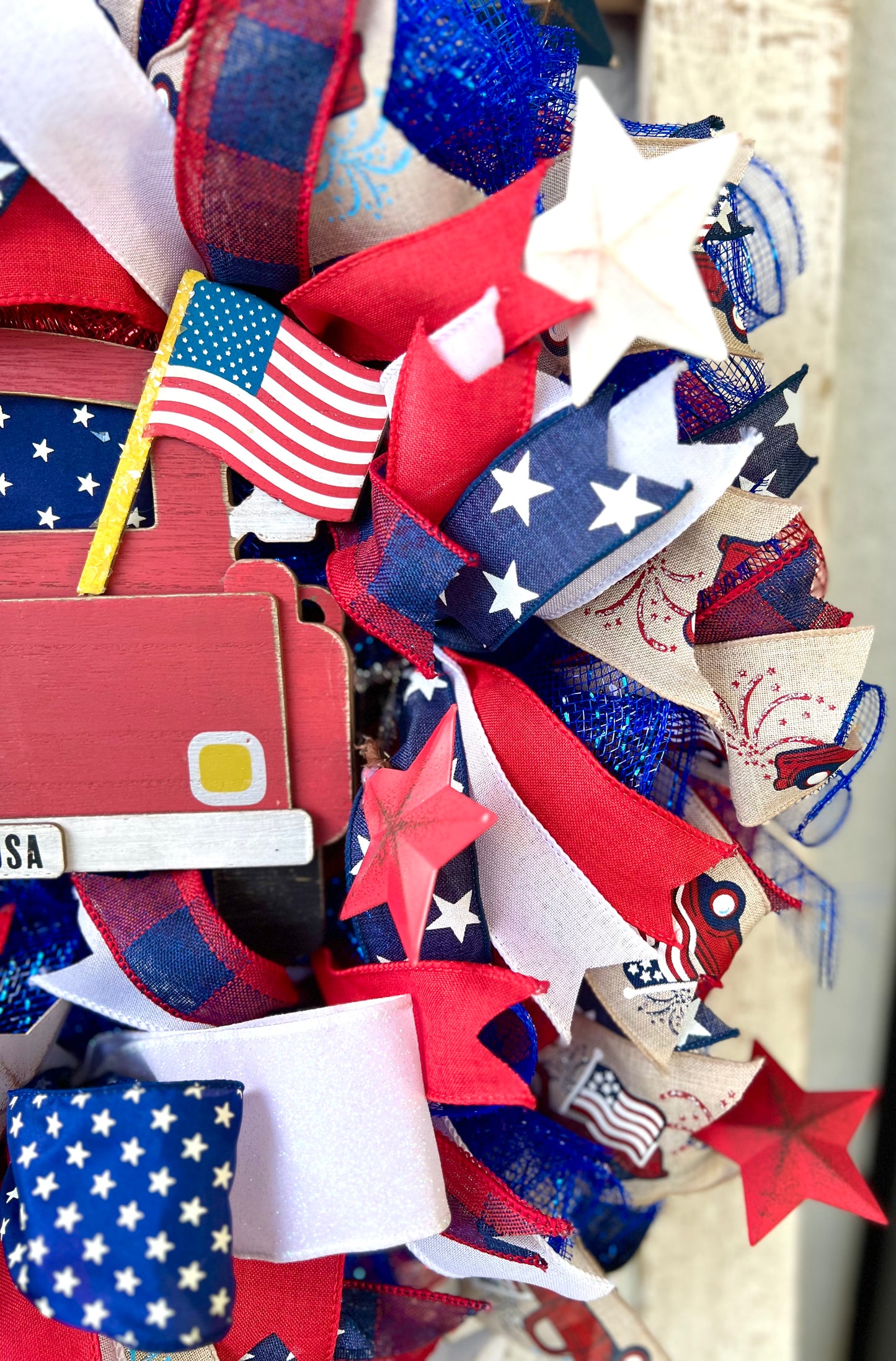 Patriotic Memorial Day Red Truck Wreath for Front Door, Red White Blue Fourth of July USA Wreath, Welcome Home Armed Forces Military Wreath