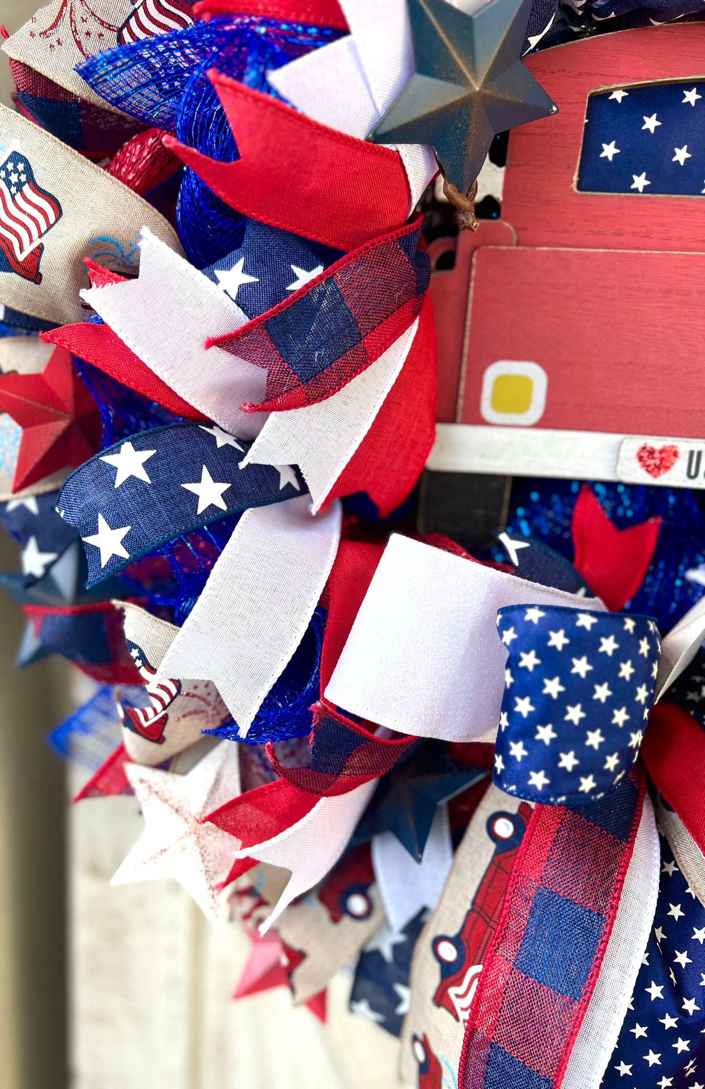 Patriotic Memorial Day Red Truck Wreath for Front Door, Red White Blue Fourth of July USA Wreath, Welcome Home Armed Forces Military Wreath