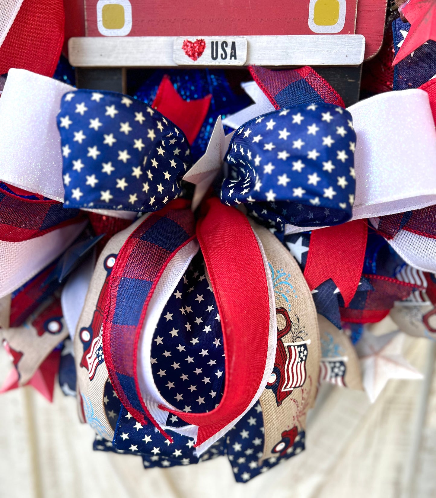 Patriotic Memorial Day Red Truck Wreath for Front Door, Red White Blue Fourth of July USA Wreath, Welcome Home Armed Forces Military Wreath