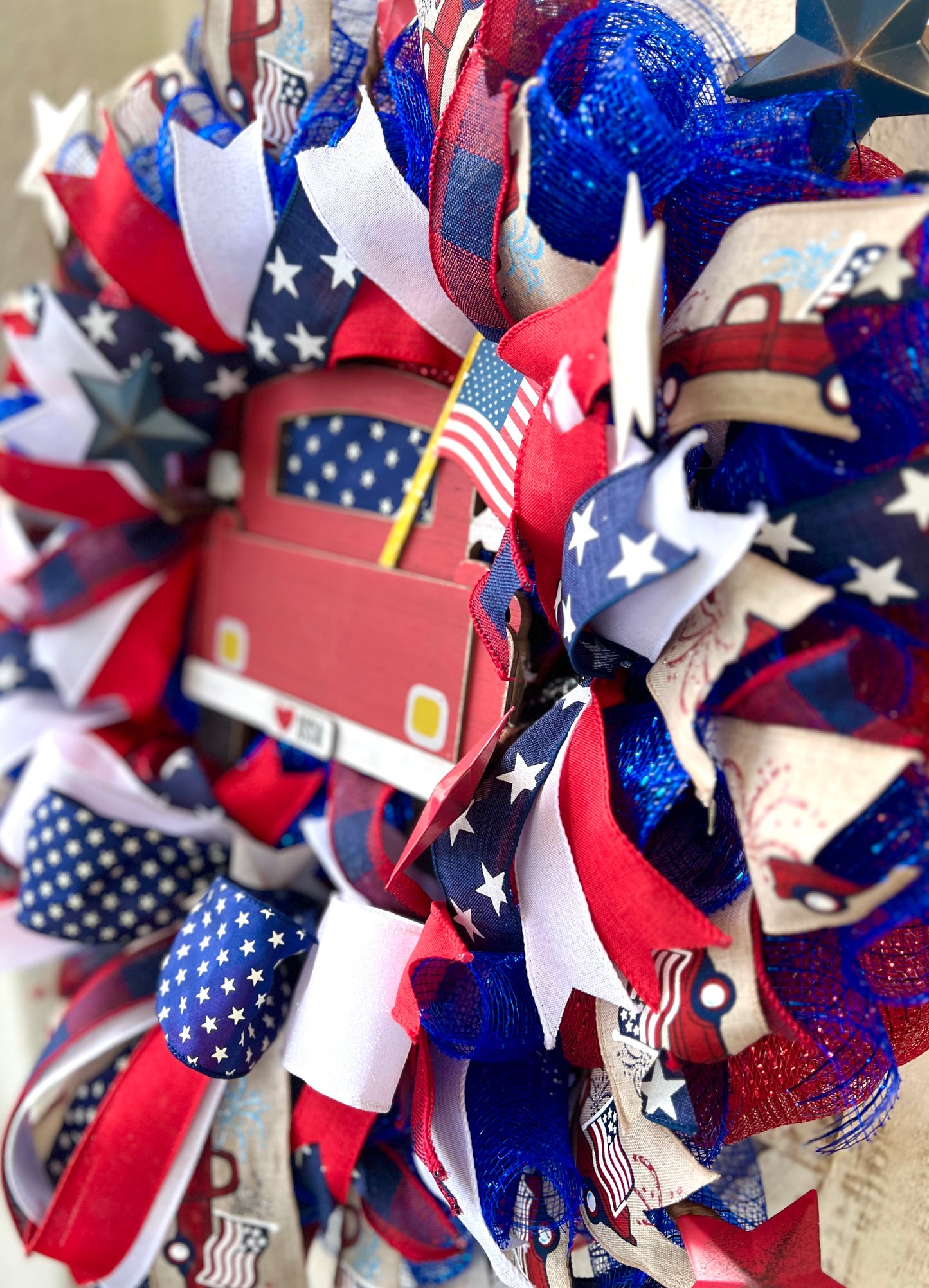 Patriotic Memorial Day Red Truck Wreath for Front Door, Red White Blue Fourth of July USA Wreath, Welcome Home Armed Forces Military Wreath