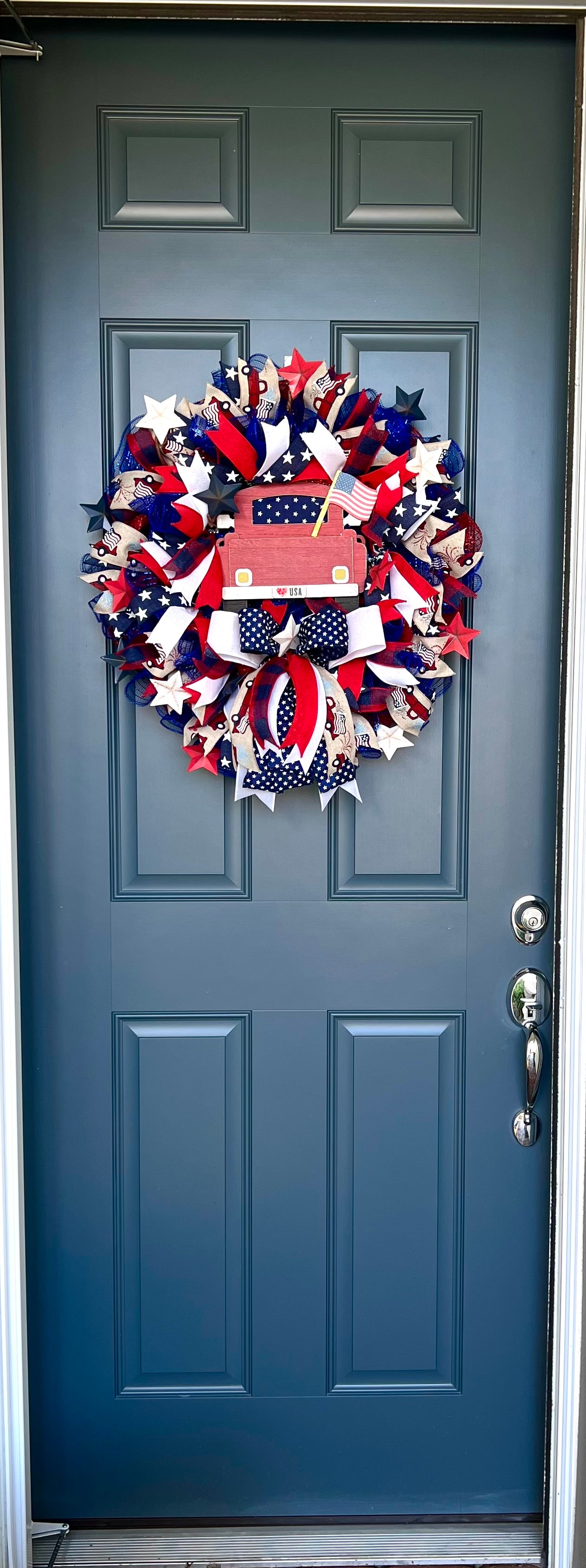 Patriotic Memorial Day Red Truck Wreath for Front Door, Red White Blue Fourth of July USA Wreath, Welcome Home Armed Forces Military Wreath