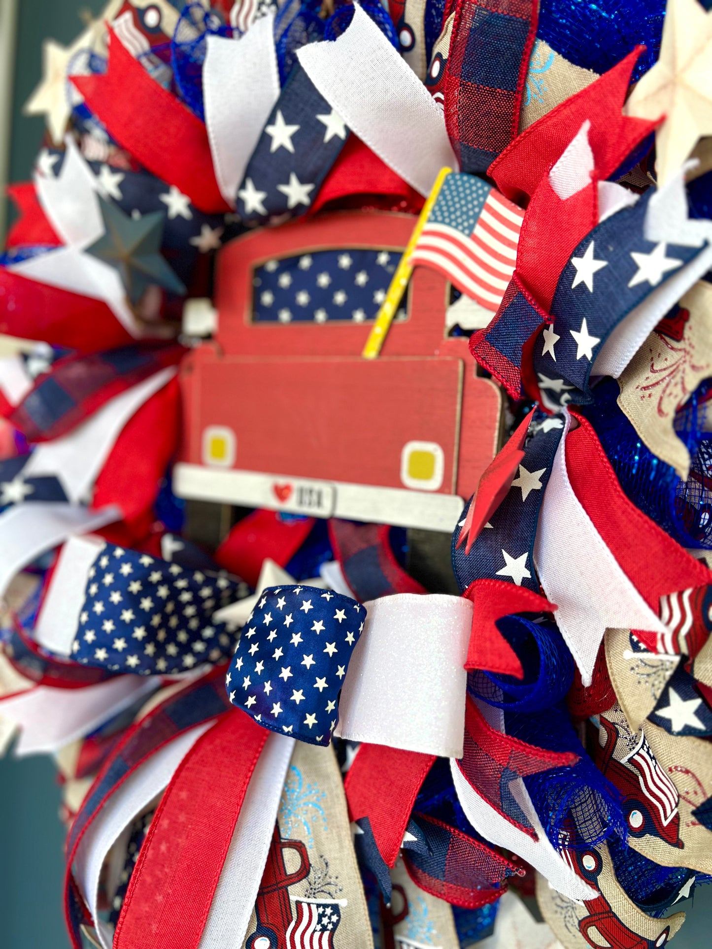 Patriotic Memorial Day Red Truck Wreath for Front Door, Red White Blue Fourth of July USA Wreath, Welcome Home Armed Forces Military Wreath