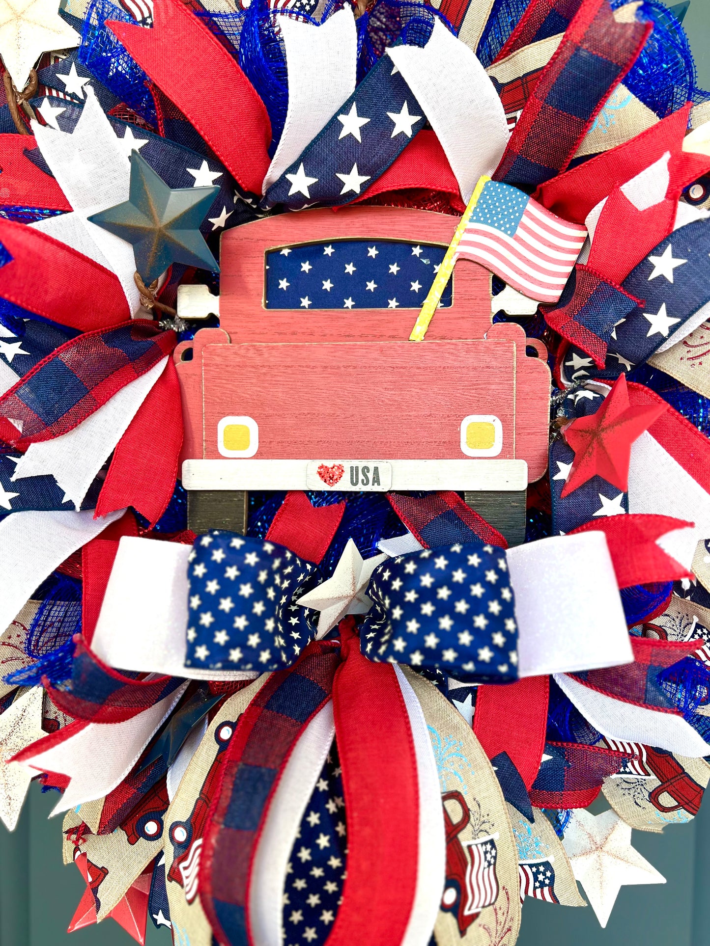 Patriotic Memorial Day Red Truck Wreath for Front Door, Red White Blue Fourth of July USA Wreath, Welcome Home Armed Forces Military Wreath