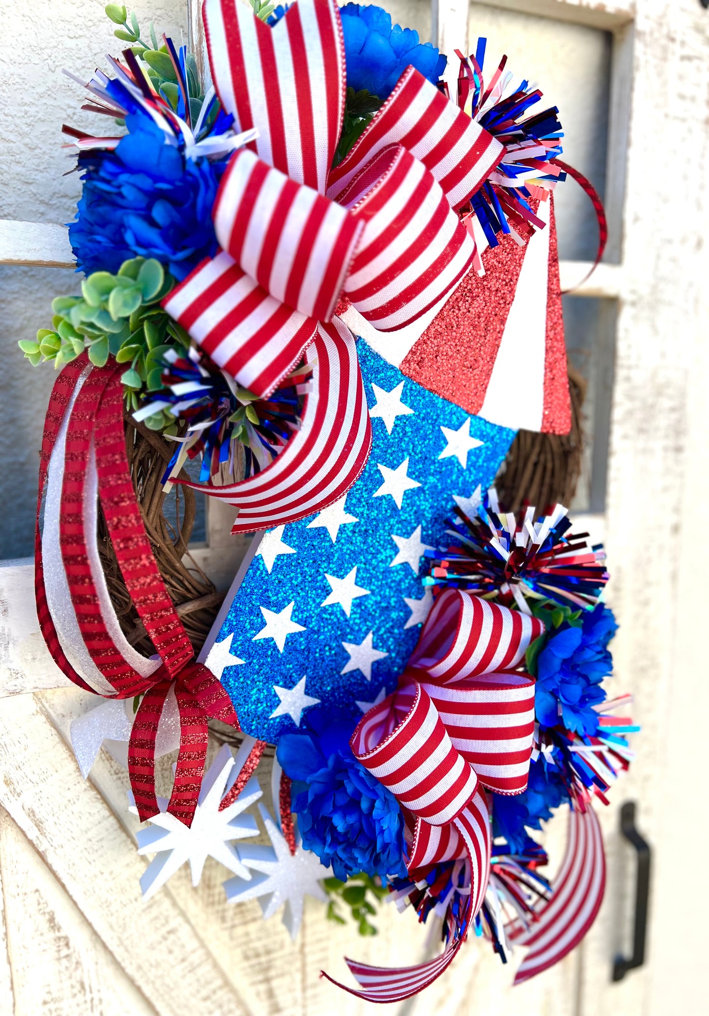 Patriotic Memorial Day Fireworks Rocket Wreath for front Door, Red White Blue Fourth of July USA Wreath, Welcome Home Armed Forces Military