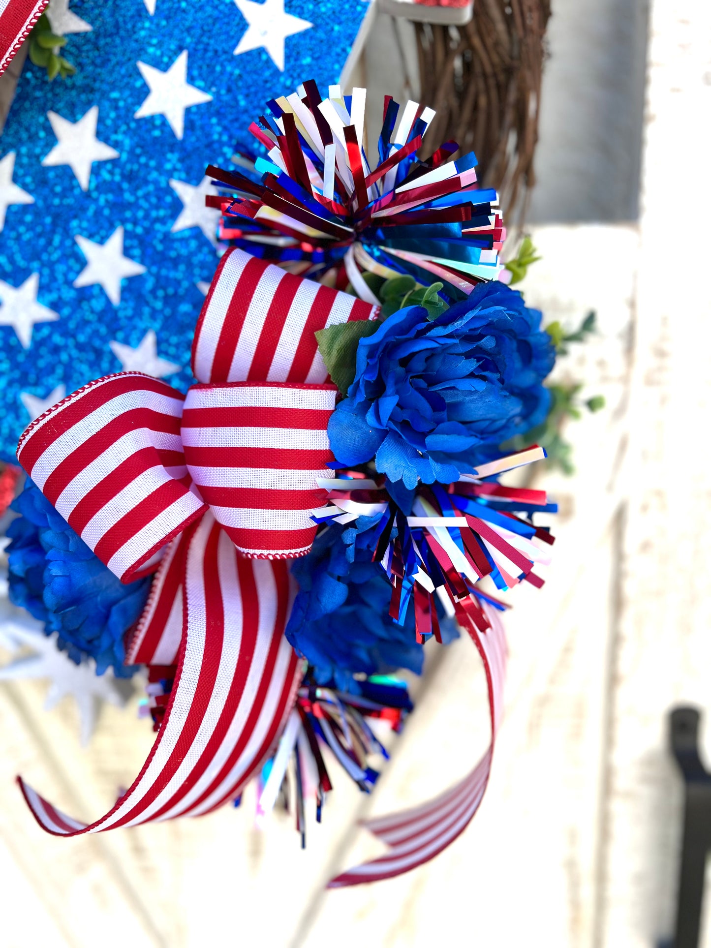 Patriotic Memorial Day Fireworks Rocket Wreath for front Door, Red White Blue Fourth of July USA Wreath, Welcome Home Armed Forces Military