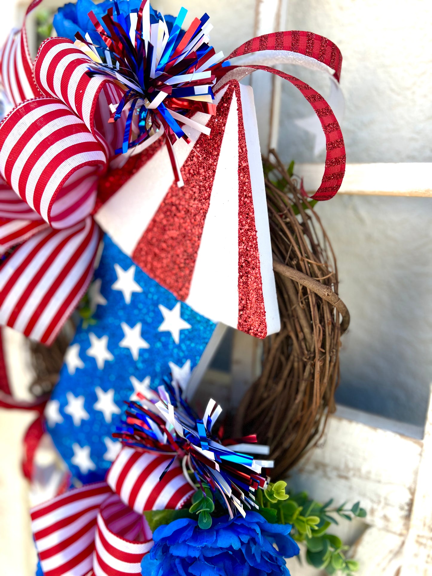 Patriotic Memorial Day Fireworks Rocket Wreath for front Door, Red White Blue Fourth of July USA Wreath, Welcome Home Armed Forces Military