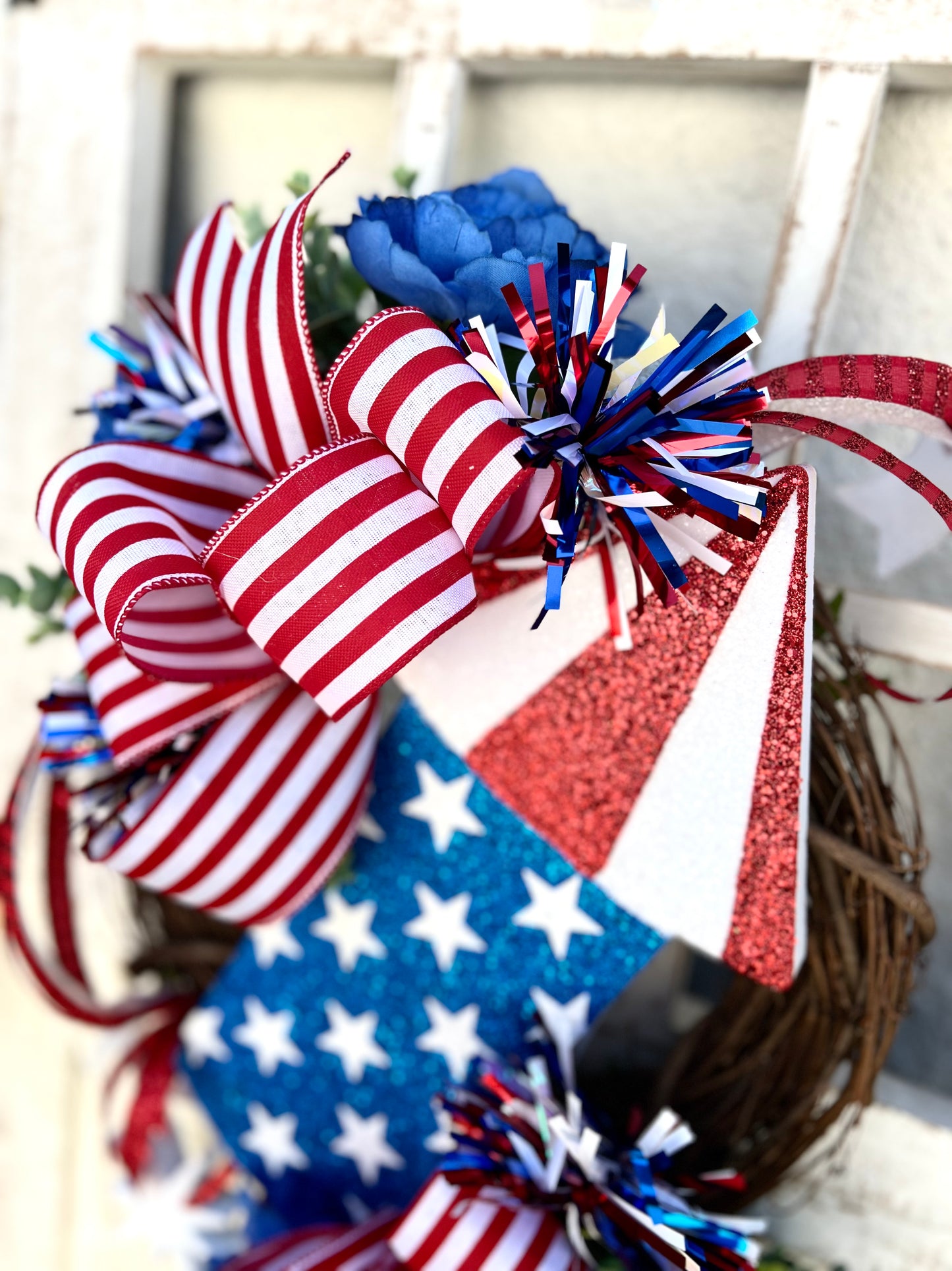 Patriotic Memorial Day Fireworks Rocket Wreath for front Door, Red White Blue Fourth of July USA Wreath, Welcome Home Armed Forces Military