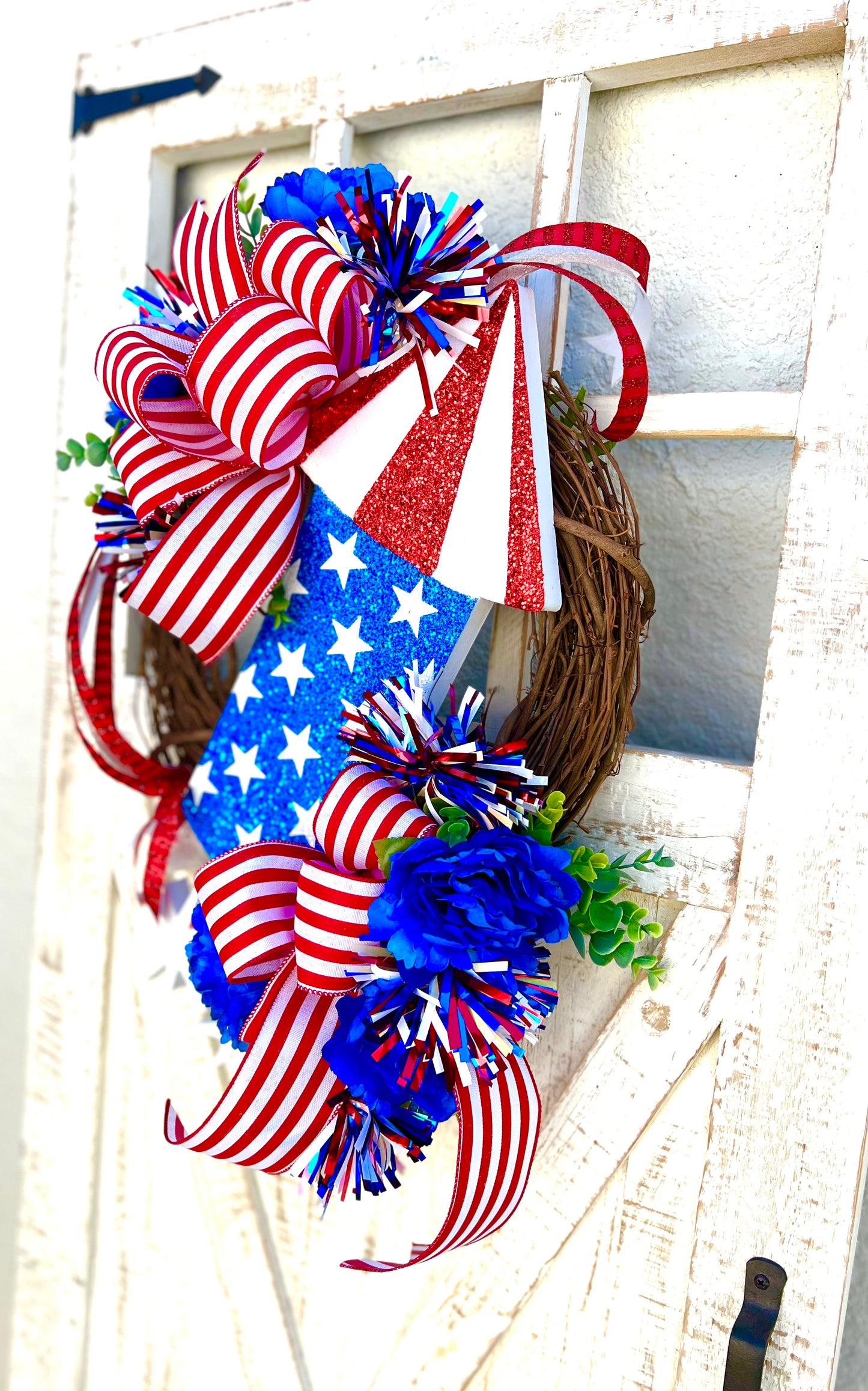 Patriotic Memorial Day Fireworks Rocket Wreath for front Door, Red White Blue Fourth of July USA Wreath, Welcome Home Armed Forces Military