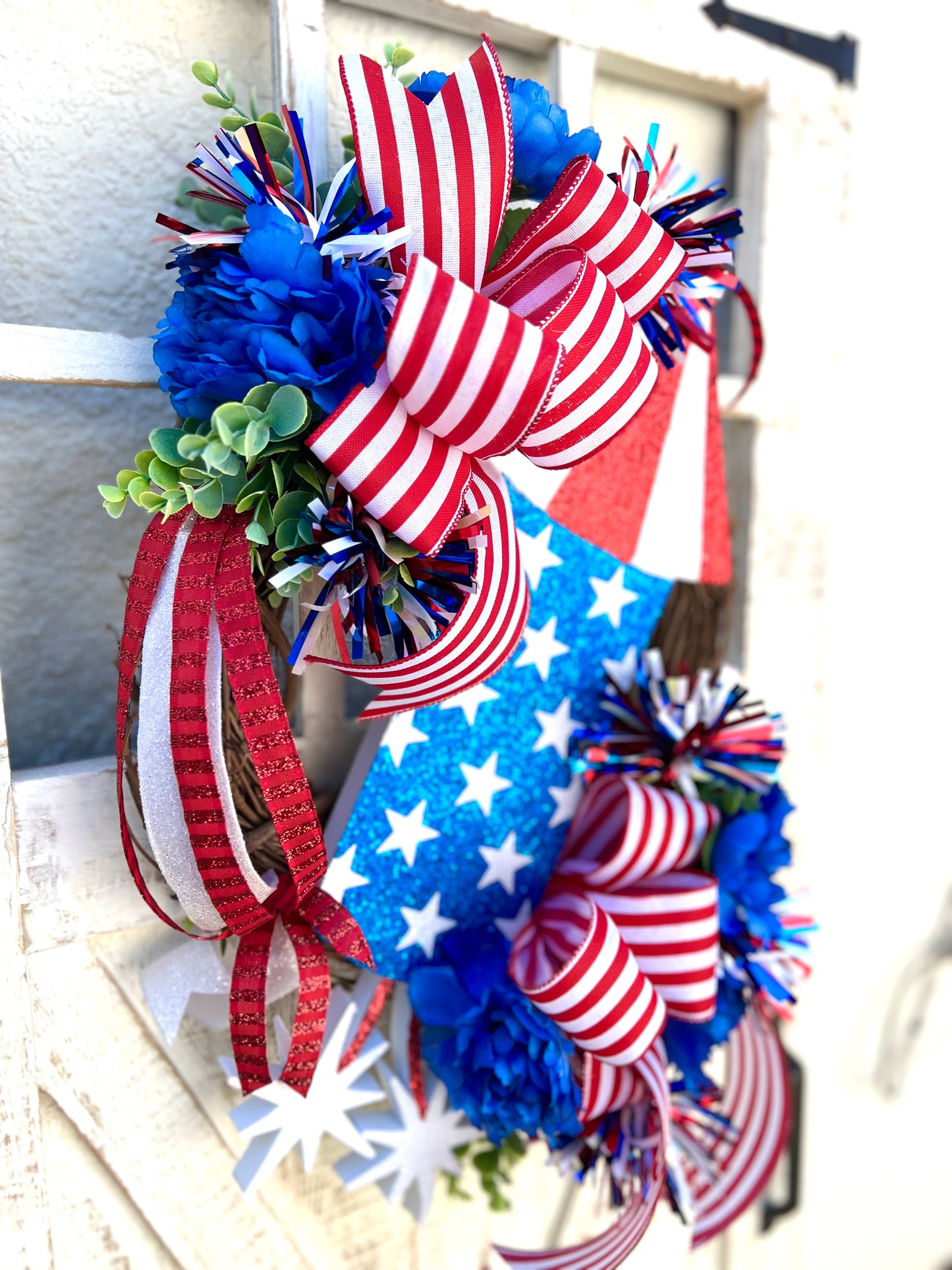 Patriotic Memorial Day Fireworks Rocket Wreath for front Door, Red White Blue Fourth of July USA Wreath, Welcome Home Armed Forces Military