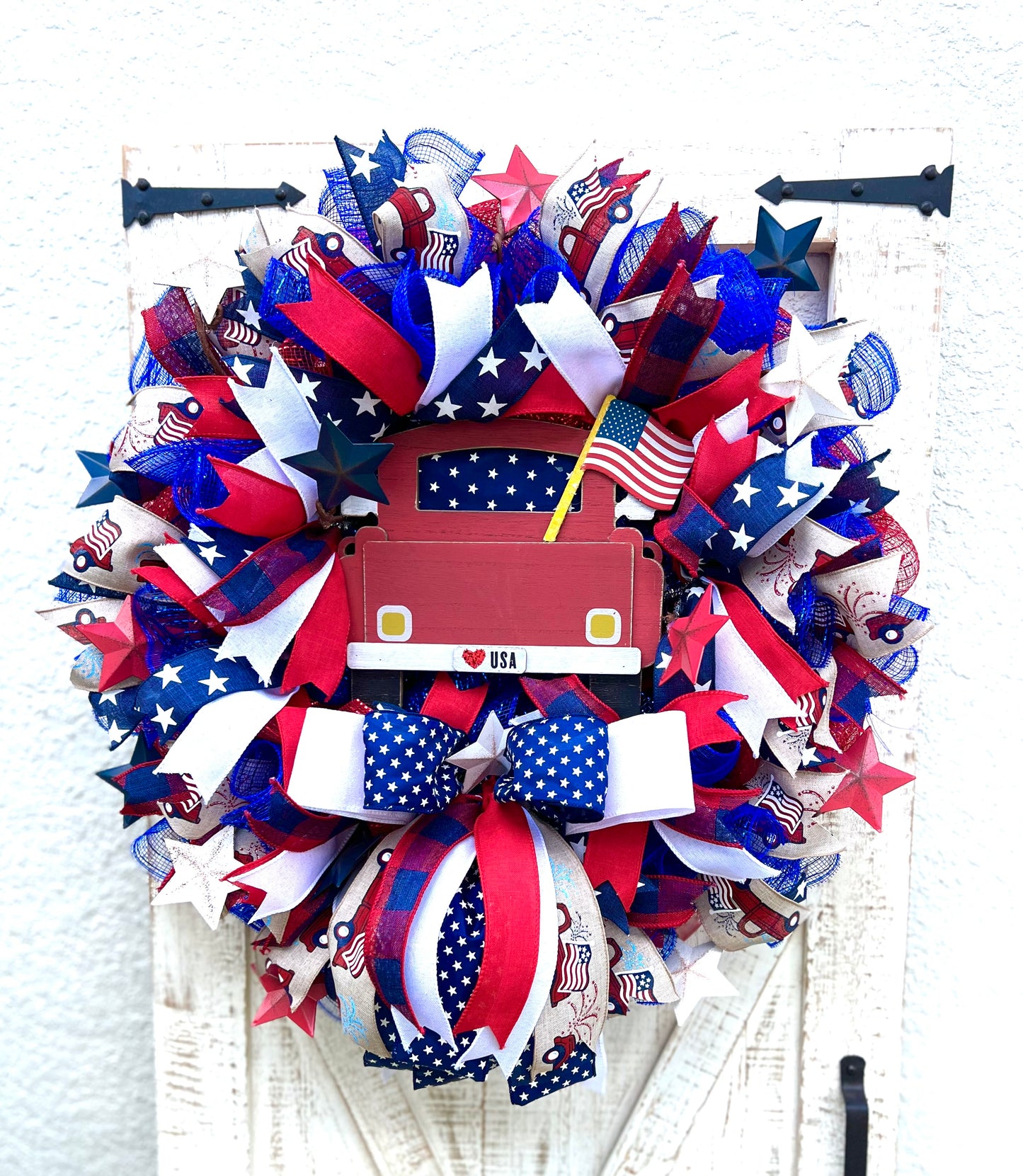 Patriotic Memorial Day Red Truck Wreath for Front Door, Red White Blue Fourth of July USA Wreath, Welcome Home Armed Forces Military Wreath