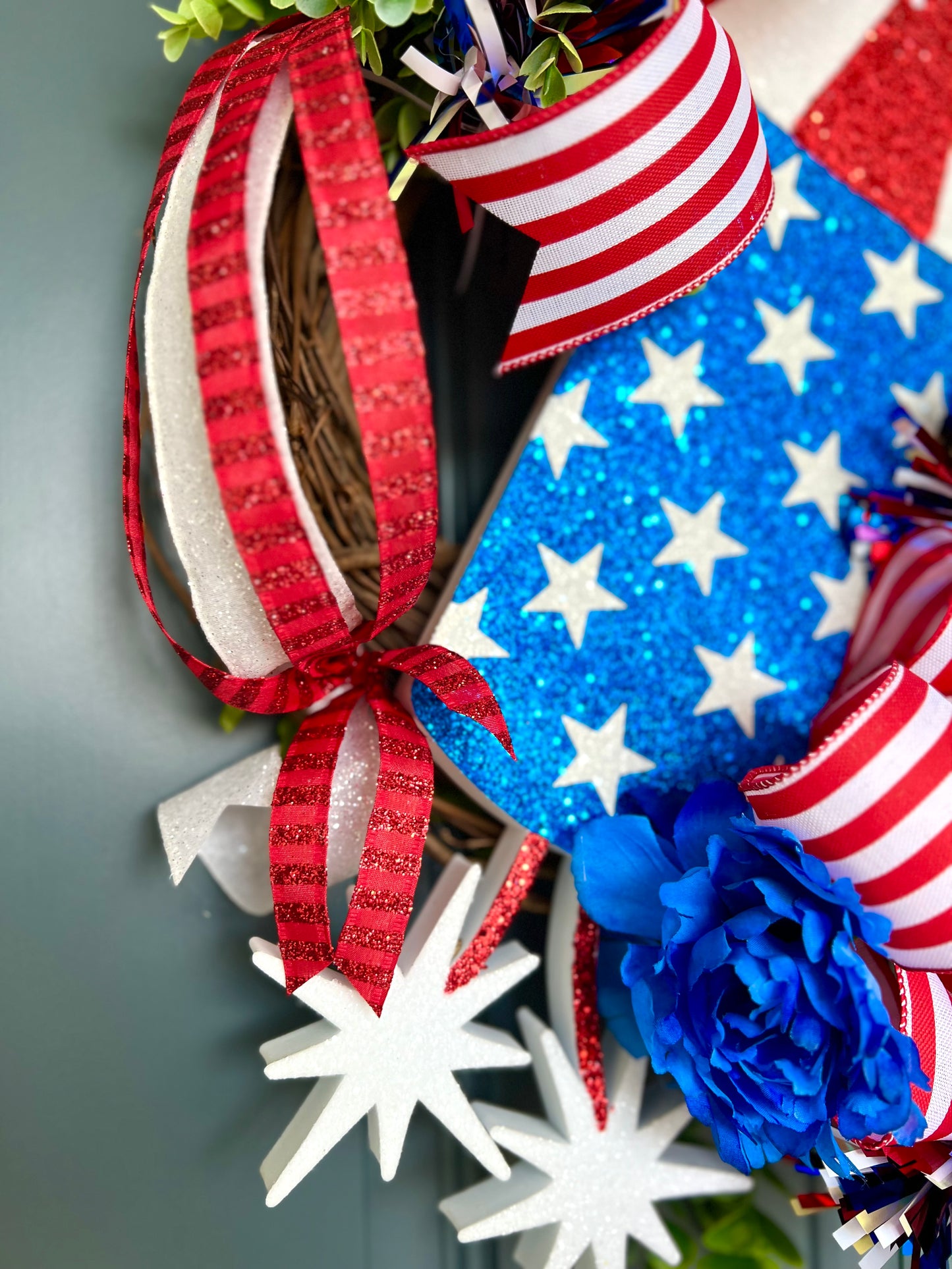 Patriotic Memorial Day Fireworks Rocket Wreath for front Door, Red White Blue Fourth of July USA Wreath, Welcome Home Armed Forces Military