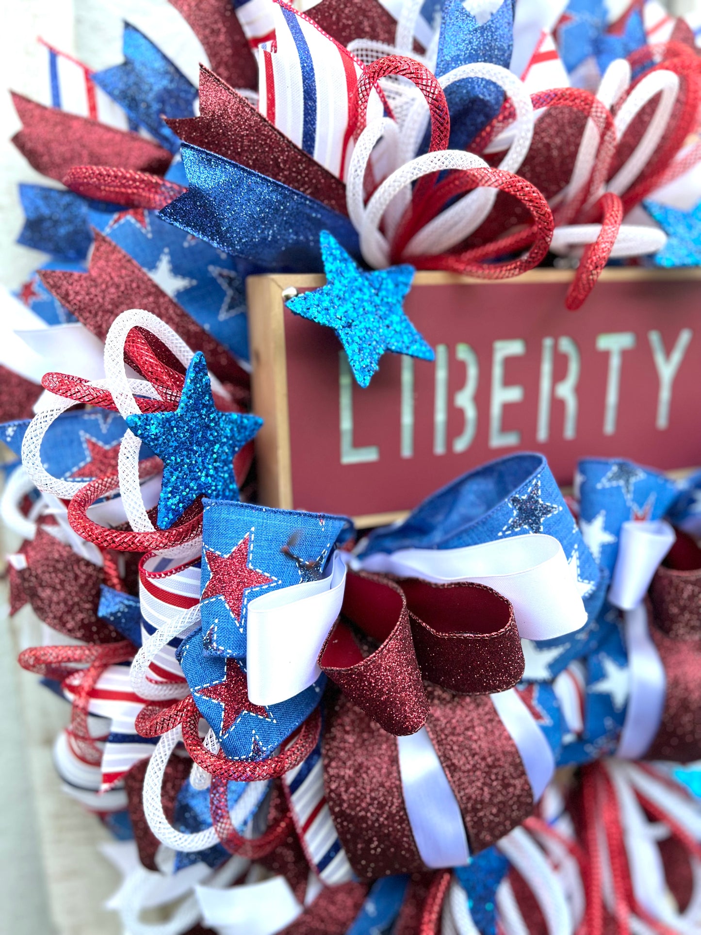 Patriotic Wreath for Front Door, Memorial Day Wreath, Red White Blue 4th of July USA Wreath, Welcome Home Military Liberty Wreath, July 4th