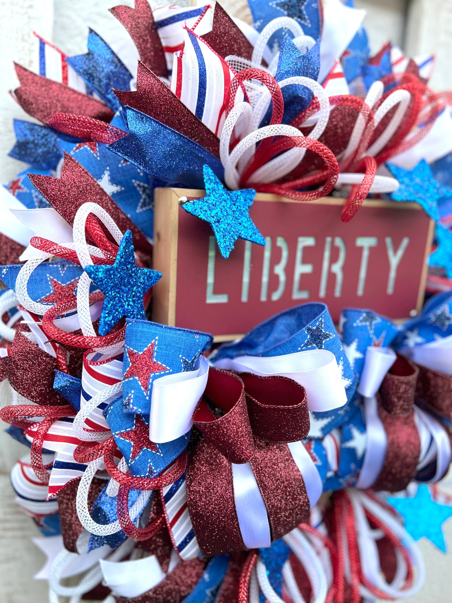 Patriotic Wreath for Front Door, Memorial Day Wreath, Red White Blue 4th of July USA Wreath, Welcome Home Military Liberty Wreath, July 4th