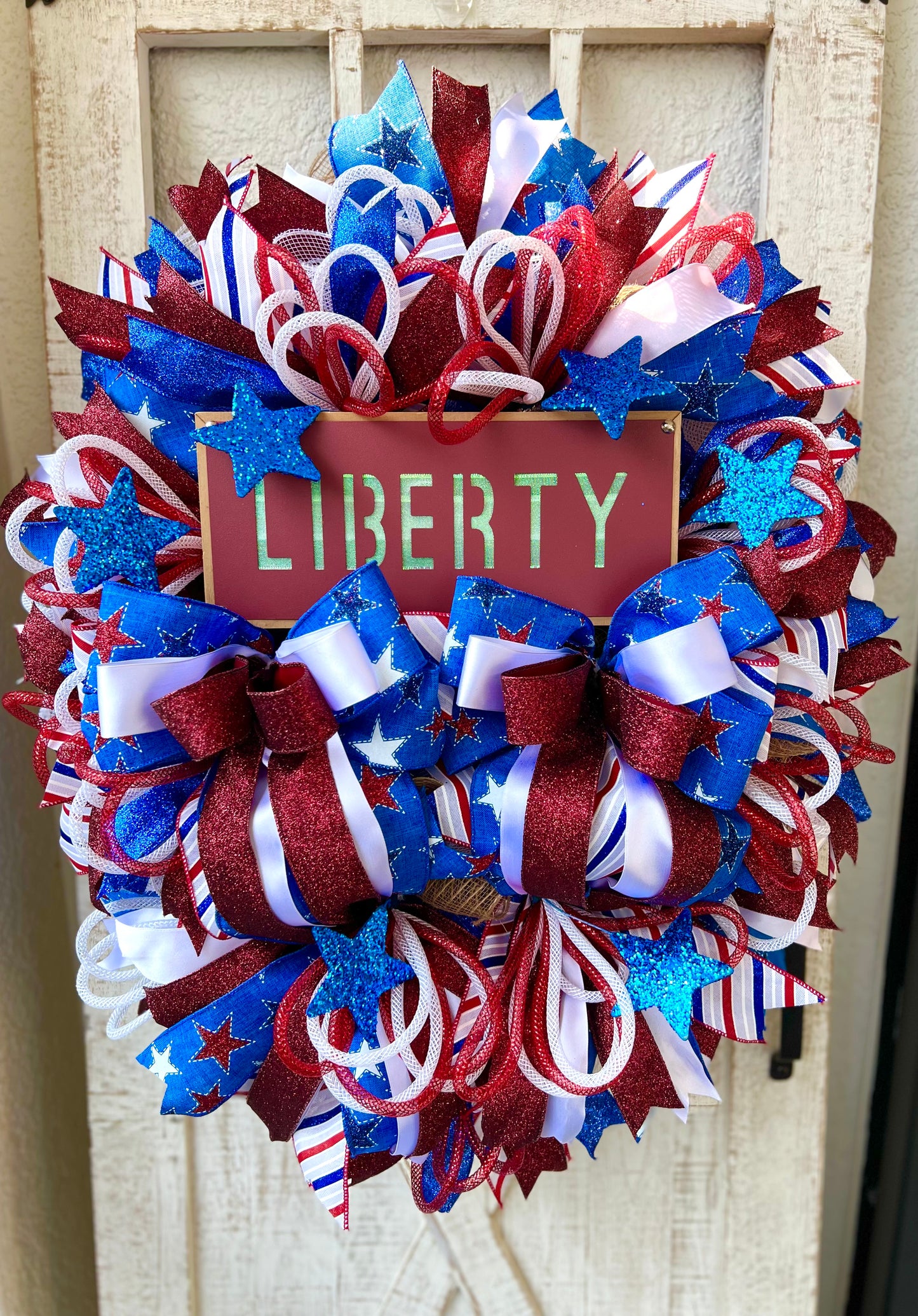 Patriotic Wreath for Front Door, Memorial Day Wreath, Red White Blue 4th of July USA Wreath, Welcome Home Military Liberty Wreath, July 4th