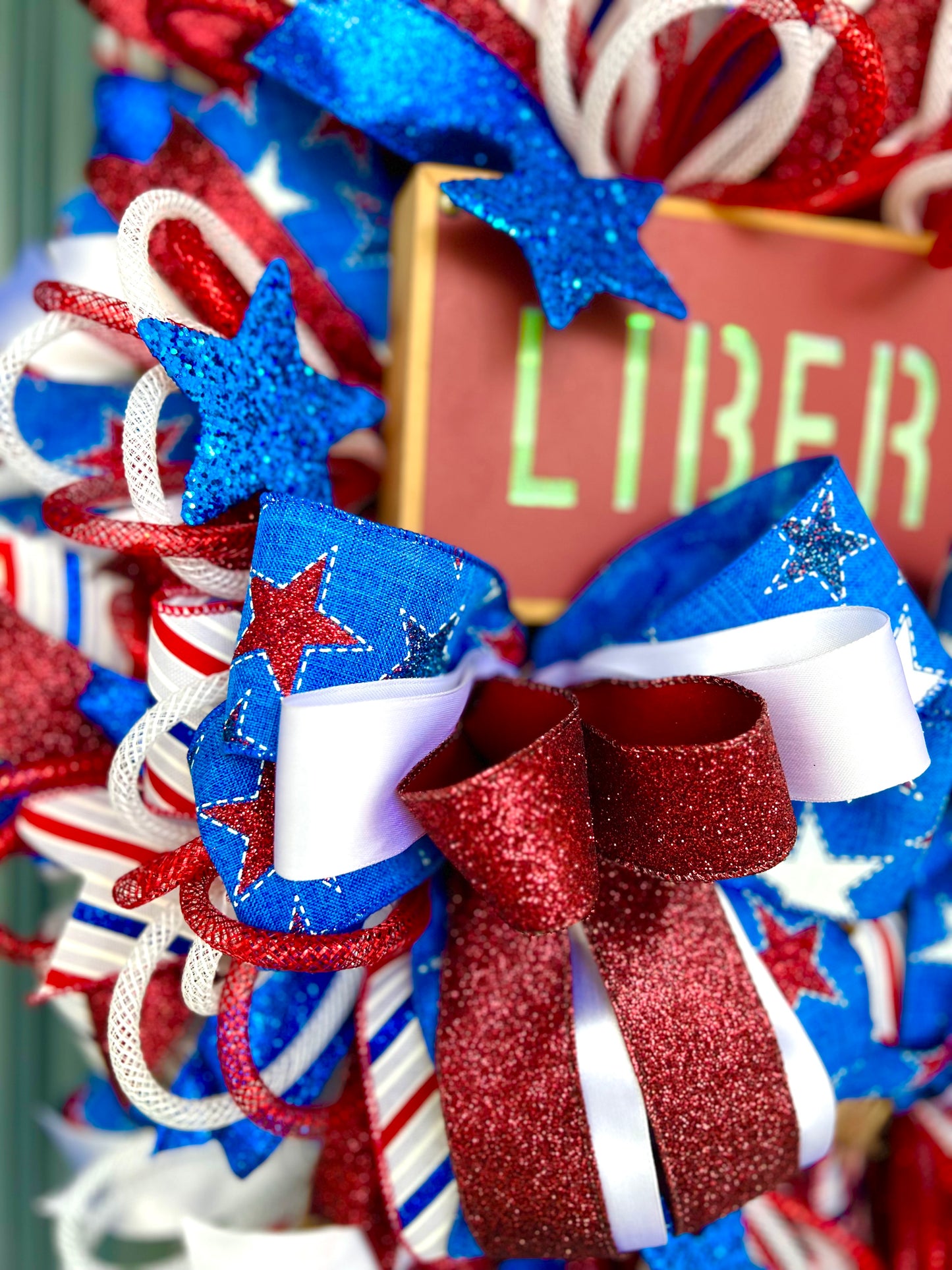 Patriotic Wreath for Front Door, Memorial Day Wreath, Red White Blue 4th of July USA Wreath, Welcome Home Military Liberty Wreath, July 4th