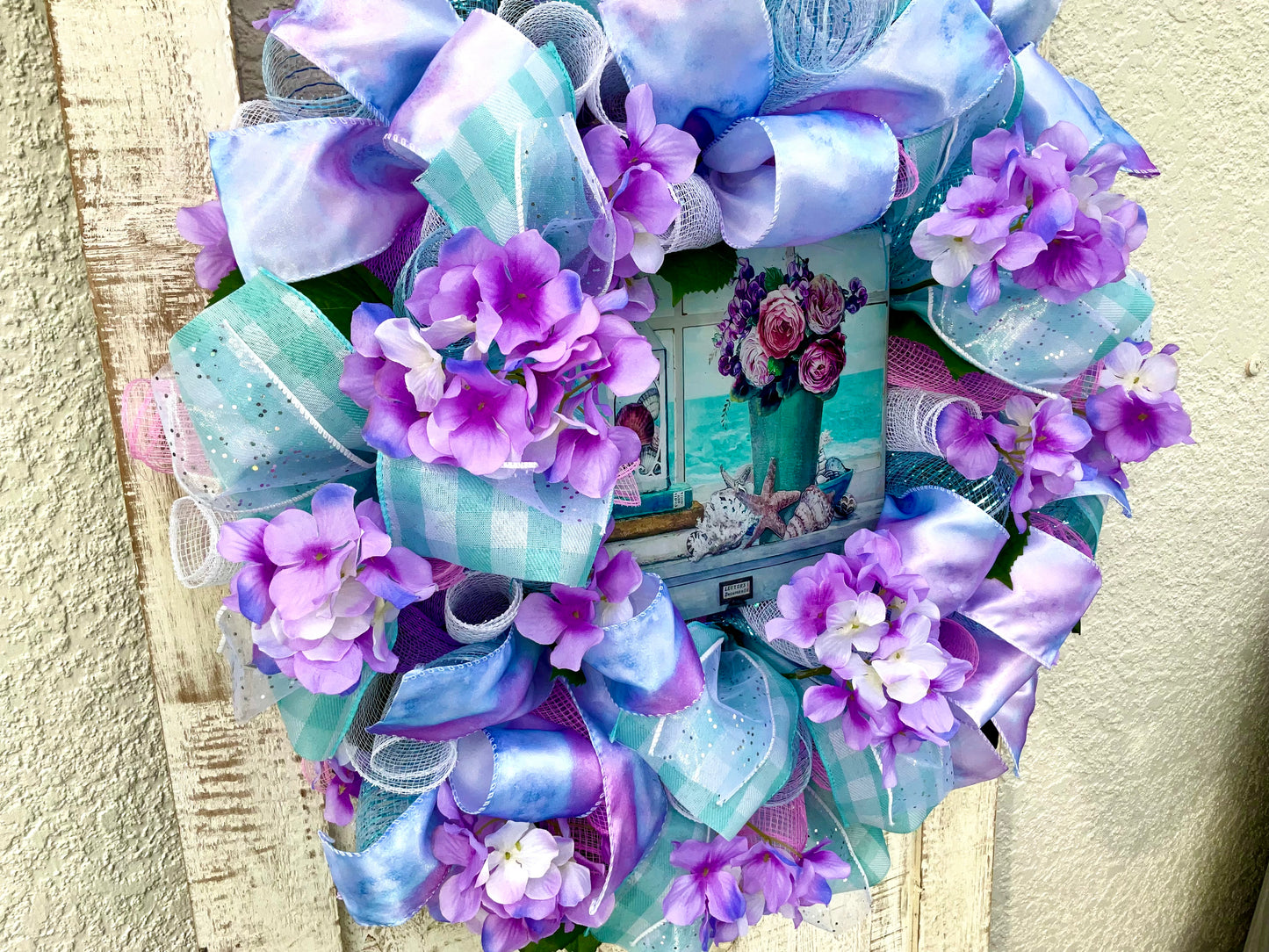 Hydrangea Beach Coastal Tropical Floral Wreath for Front Door Mothers Day Gift Spring Summer Everyday Wreath Coastal Waves Seashells Flowers