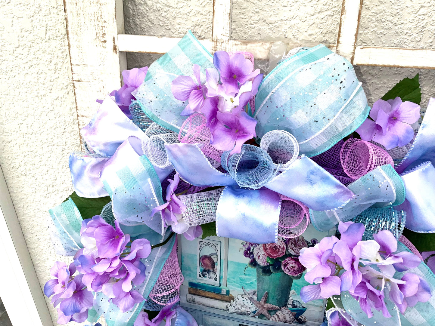 Hydrangea Beach Coastal Tropical Floral Wreath for Front Door Mothers Day Gift Spring Summer Everyday Wreath Coastal Waves Seashells Flowers
