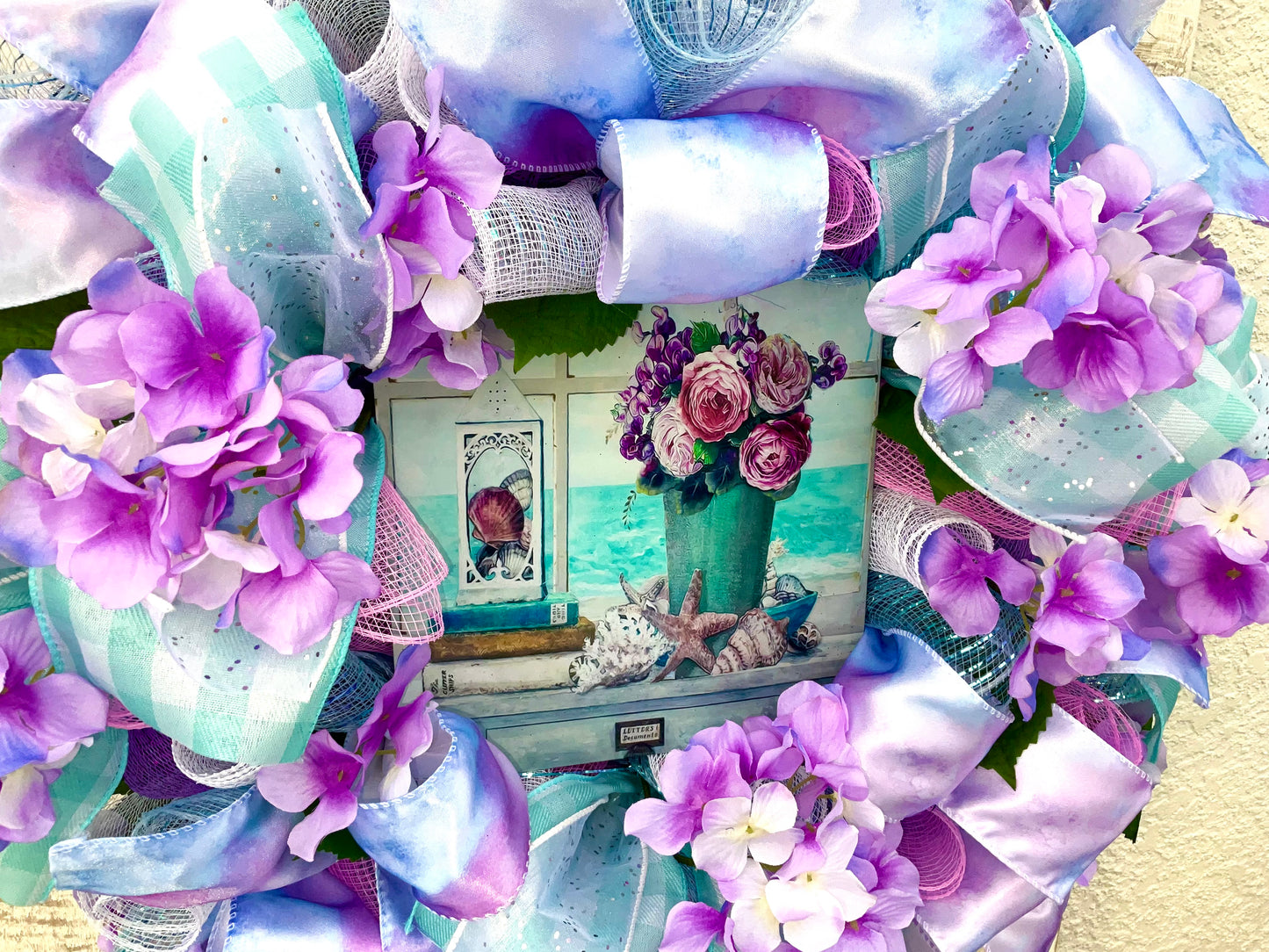 Hydrangea Beach Coastal Tropical Floral Wreath for Front Door Mothers Day Gift Spring Summer Everyday Wreath Coastal Waves Seashells Flowers