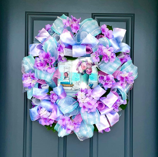 Hydrangea Beach Coastal Tropical Floral Wreath for Front Door Mothers Day Gift Spring Summer Everyday Wreath Coastal Waves Seashells Flowers