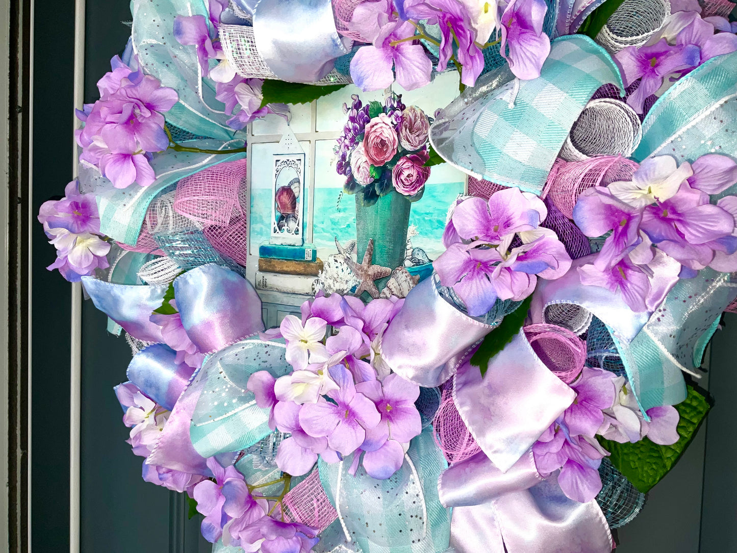 Hydrangea Beach Coastal Tropical Floral Wreath for Front Door Mothers Day Gift Spring Summer Everyday Wreath Coastal Waves Seashells Flowers