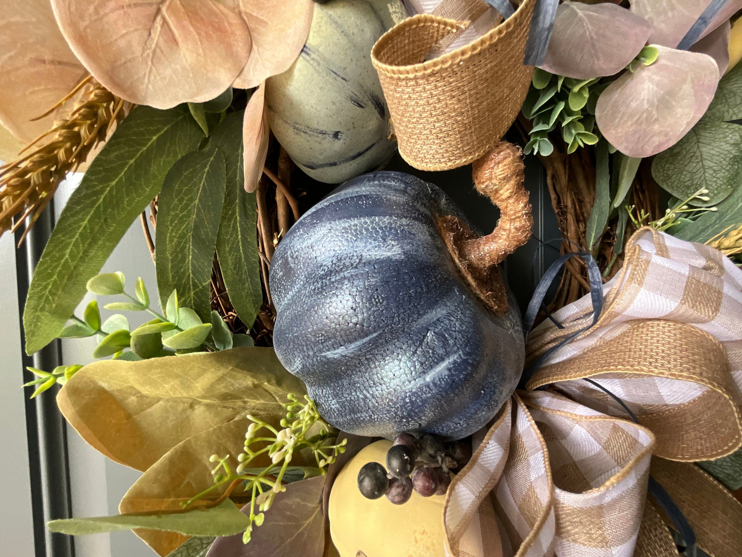 Rustic Fall Harvest Autumn Pumpkin Berry Grapevine Thanksgiving Wreath for Front Door, High End Fall Wreath, Fall Colors Wreath Pouf Designs