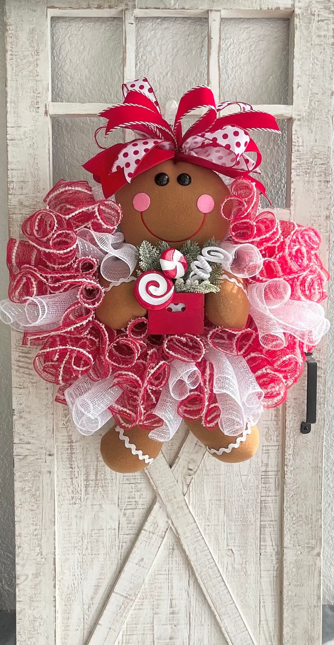 Gingerbread Girl Christmas Peppermint Wreath for Front Door, Gingerbread Girl Wreath, Christmas Wreaths, Peppermint Candy Wreath