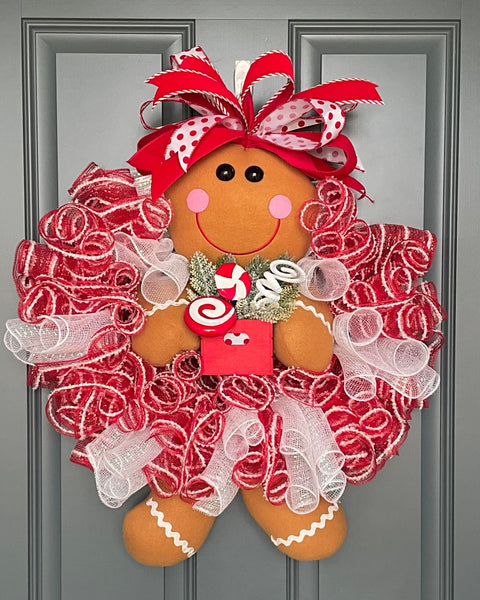 Gingerbread Girl Christmas Peppermint Wreath for Front Door, Gingerbread Girl Wreath, Christmas Wreaths, Peppermint Candy Wreath