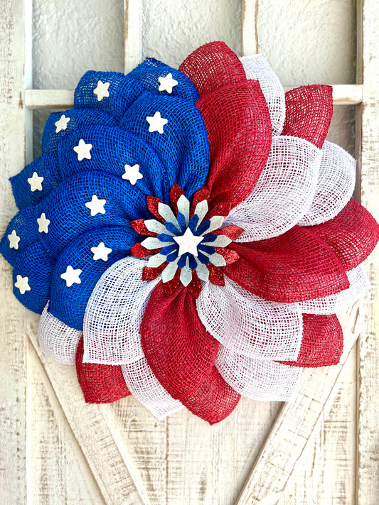 Patriotic Memorial Day Flower Stars Wreath for Front Door, Red White and Blue Fourth of July Floral Wreath, Cemetery or Welcome Home Wreath (Copy)