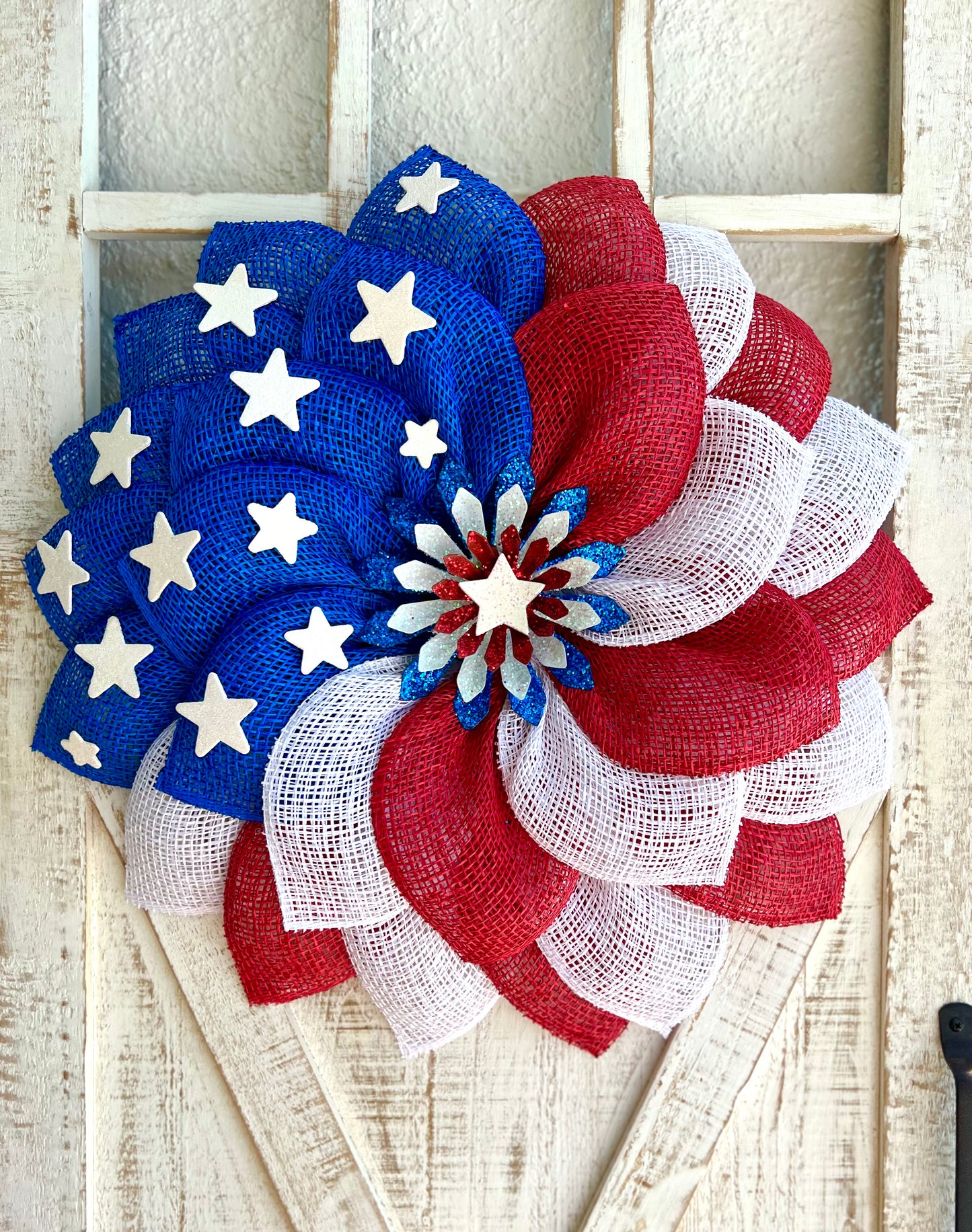 Patriotic Memorial Day Flower Stars Wreath for Front Door, Red White and Blue Fourth of July Floral Wreath, Cemetery or Welcome Home Wreath