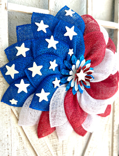 Patriotic Memorial Day Flower Stars Wreath for Front Door, Red White and Blue Fourth of July Floral Wreath, Cemetery or Welcome Home Wreath