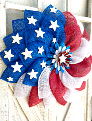 Patriotic Memorial Day Flower Stars Wreath for Front Door, Red White and Blue Fourth of July Floral Wreath, Cemetery or Welcome Home Wreath
