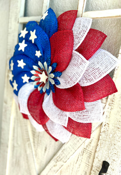 Patriotic Memorial Day Flower Stars Wreath for Front Door, Red White and Blue Fourth of July Floral Wreath, Cemetery or Welcome Home Wreath
