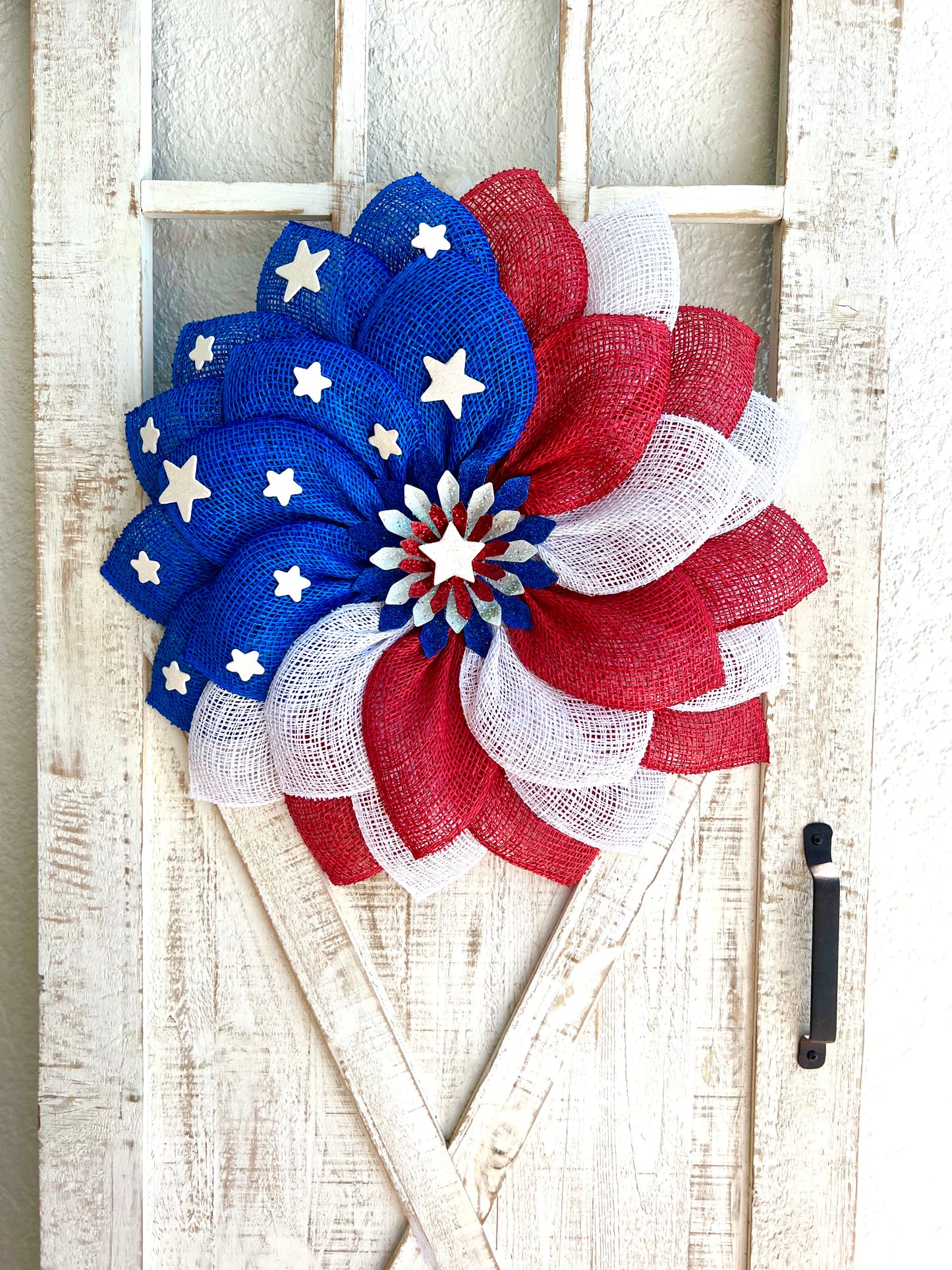 Patriotic Memorial Day Flower Stars Wreath for Front Door, Red White and Blue Fourth of July Floral Wreath, Cemetery or Welcome Home Wreath