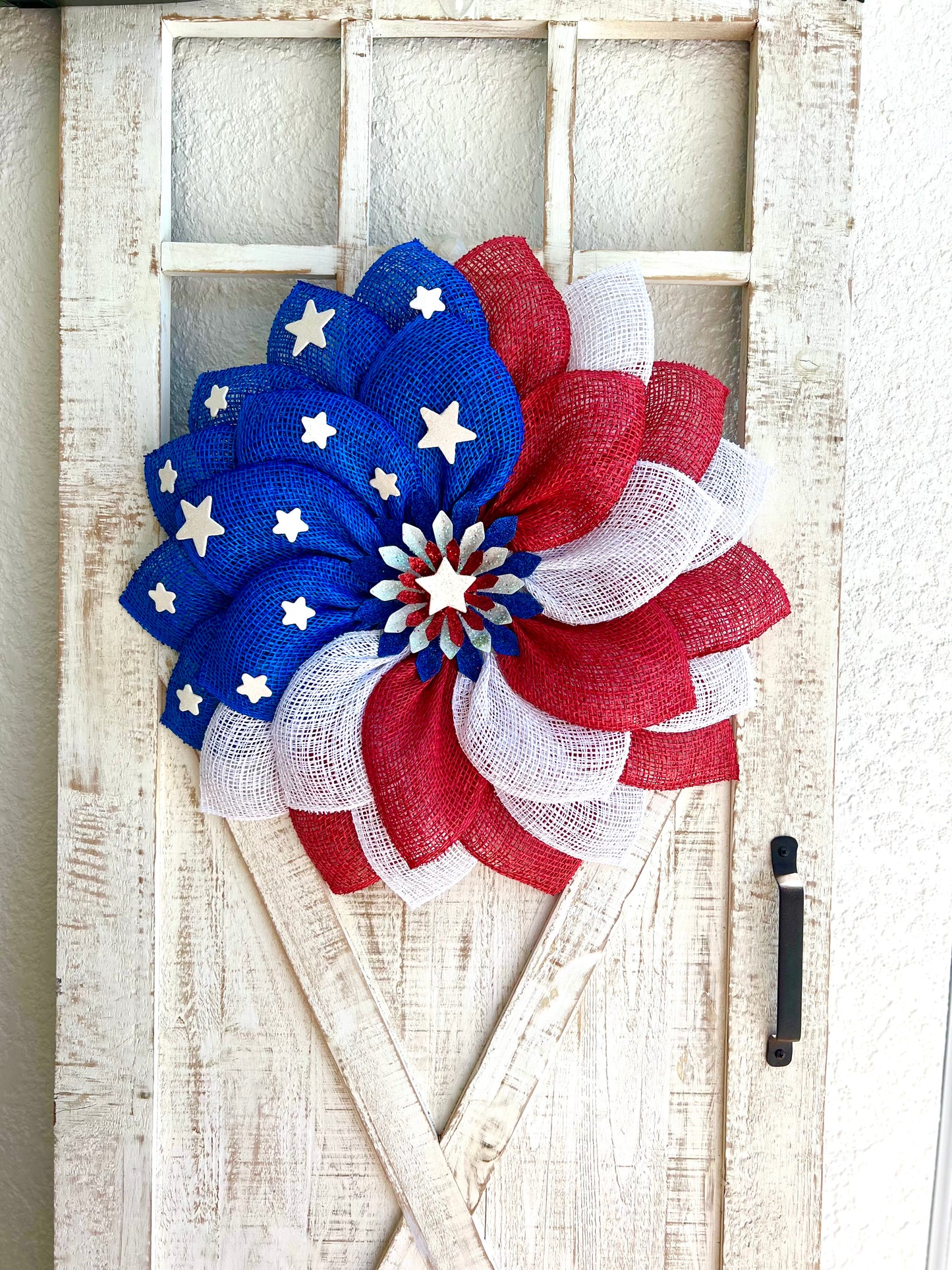 Patriotic Memorial Day Flower Stars Wreath for Front Door, Red White and Blue Fourth of July Floral Wreath, Cemetery or Welcome Home Wreath