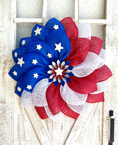 Patriotic Memorial Day Flower Stars Wreath for Front Door, Red White and Blue Fourth of July Floral Wreath, Cemetery or Welcome Home Wreath