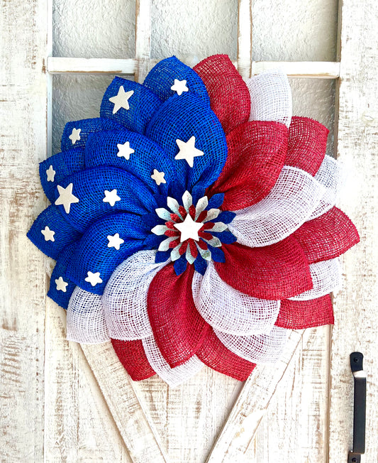 Patriotic Memorial Day Flower Stars Wreath for Front Door, Red White and Blue Fourth of July Floral Wreath, Cemetery or Welcome Home Wreath