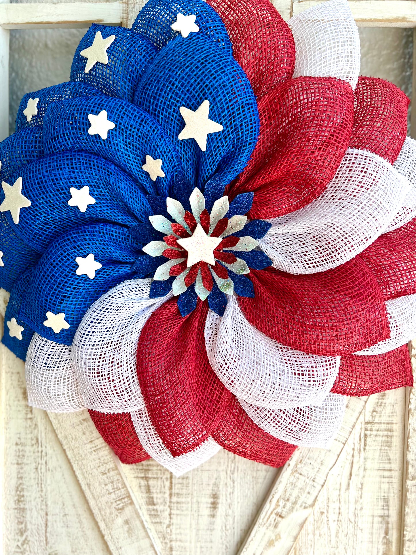 Patriotic Memorial Day Flower Stars Wreath for Front Door, Red White and Blue Fourth of July Floral Wreath, Cemetery or Welcome Home Wreath