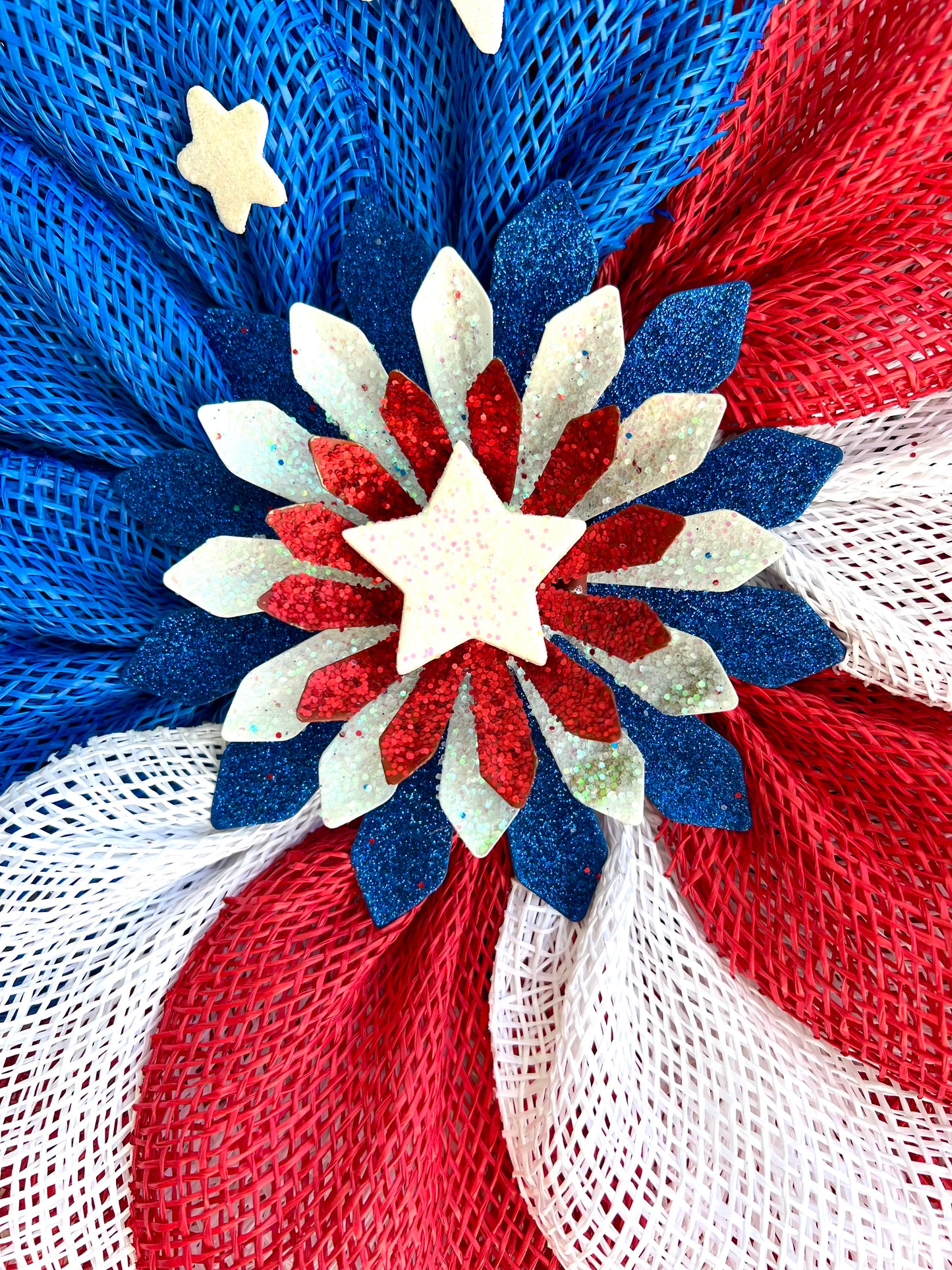 Patriotic Memorial Day Flower Stars Wreath for Front Door, Red White and Blue Fourth of July Floral Wreath, Cemetery or Welcome Home Wreath