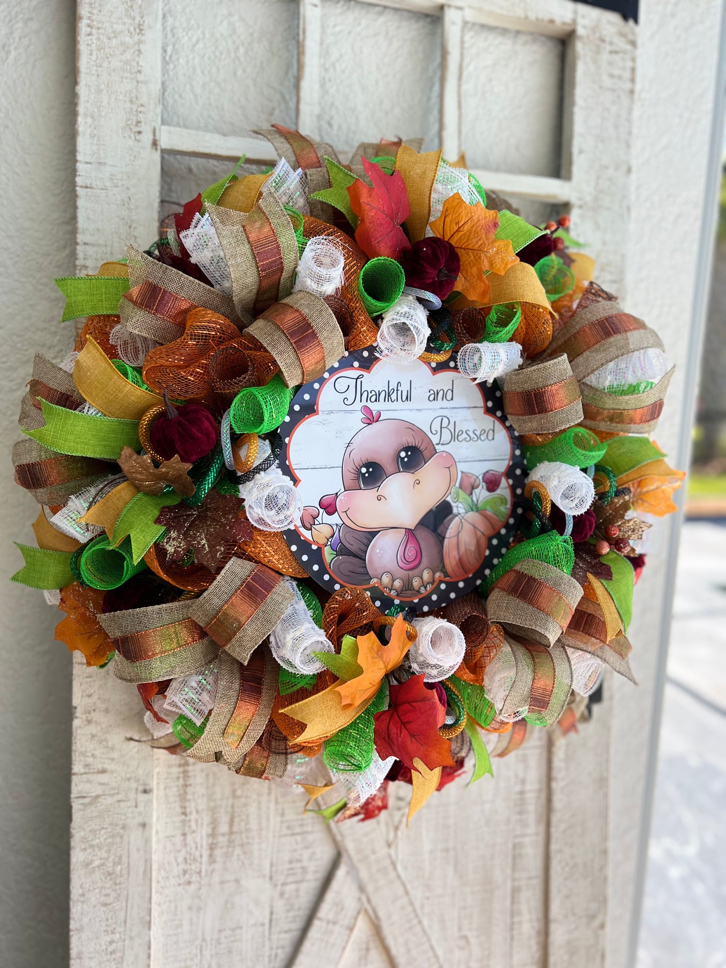 Thanksgiving Fall Harvest Autumn Turkey Wreath for front Door Autumn Fall Home Decoration Thankful and Blessed Pouf Designs by Valerie