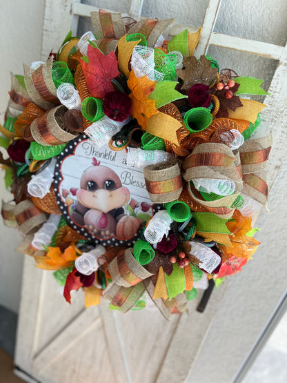 Thanksgiving Fall Harvest Autumn Turkey Wreath for front Door Autumn Fall Home Decoration Thankful and Blessed Pouf Designs by Valerie