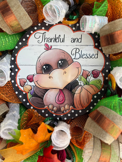 Thanksgiving Fall Harvest Autumn Turkey Wreath for front Door Autumn Fall Home Decoration Thankful and Blessed Pouf Designs by Valerie