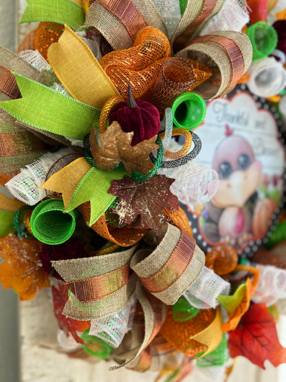 Thanksgiving Fall Harvest Autumn Turkey Wreath for front Door Autumn Fall Home Decoration Thankful and Blessed Pouf Designs by Valerie