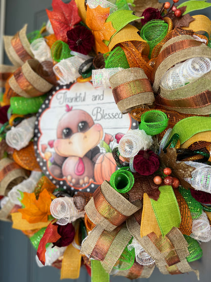 Thanksgiving Fall Harvest Autumn Turkey Wreath for front Door Autumn Fall Home Decoration Thankful and Blessed Pouf Designs by Valerie